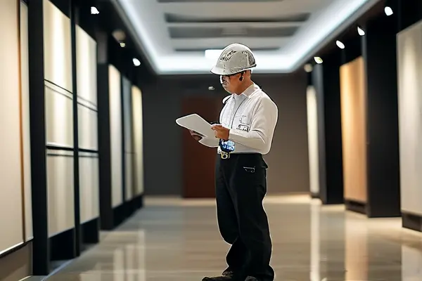 专业人员在展厅装修验收现场进行检查工作