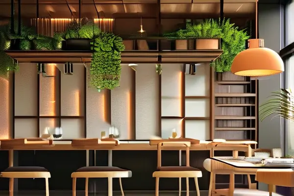 休闲餐厅内部装修效果图，展示温暖灯光与木质家具的和谐搭配