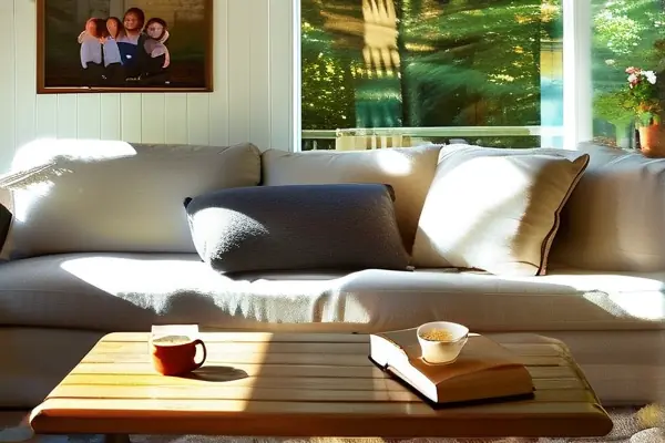 温馨的家居客厅，阳光洒在地板上，墙上挂着家庭照片